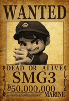 a wanted poster for smg3 shows a cartoon character pointing a gun