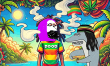 a cartoon drawing of a man wearing a shirt that says dood on it