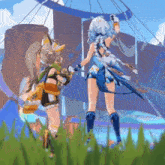 a couple of anime characters standing in the grass with a boat in the background