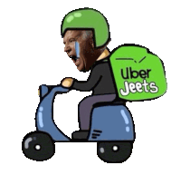 a cartoon of a man riding a scooter with a bag that says uber jeets