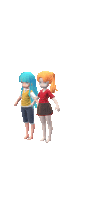 a girl with blue hair is standing next to a girl with red hair