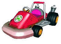 a red kart with a green mushroom on the side