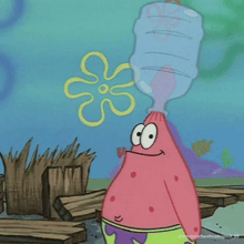 a cartoon character with a water bottle on his head