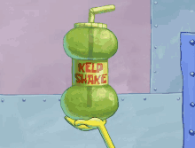 a cartoon character is holding a bottle of kelp shake with a straw