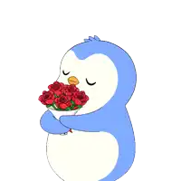 a blue penguin is holding a bouquet of red roses surrounded by hearts