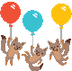 three foxes are holding balloons in their mouths .