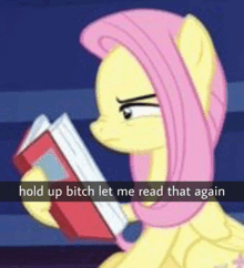 fluttershy from my little pony is reading a book .