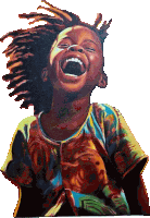 a child with dreadlocks is laughing with his mouth open