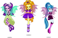 three girls with wings are standing next to each other with a white background