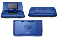 three different views of a blue nintendo pokemon game console