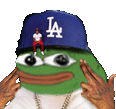 a frog wearing a la dodgers hat and a chain .