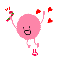 a cartoon drawing of a pink ball with arms and legs holding a candy cane