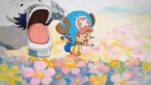 a cartoon character is standing in a field of flowers next to a giant .