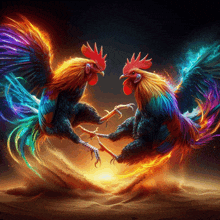 two colorful roosters standing next to each other in the dirt