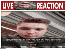 a picture of a young man with the words live reaction on the bottom