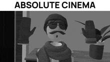 an ad for absolute cinema shows a man with a mustache and sunglasses