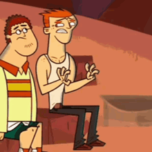 two cartoon men are sitting next to each other on a bench . one of the men is wearing glasses .