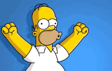 homer simpson from the simpsons with his arms outstretched on a blue background