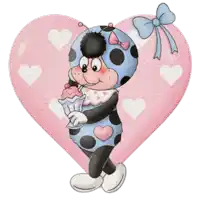 a ladybug with a bow on her head is holding a cup of ice cream