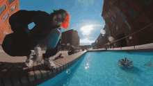 a person with red hair is squatting next to a pool with a boat in it