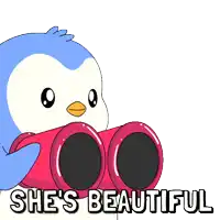 a cartoon penguin is looking through binoculars with the words she 's beautiful below it