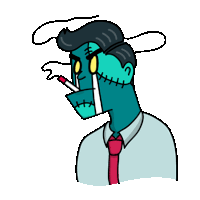 a cartoon of a man with stitches on his face is smoking a cigarette