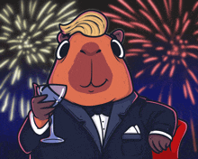 a cartoon drawing of a guinea pig in a tuxedo holding a glass of wine