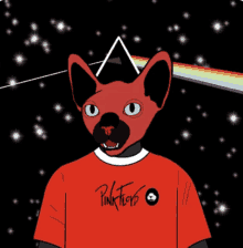 a cartoon cat wearing a pink floyd t-shirt