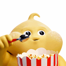 a yellow character is eating popcorn with a spoon
