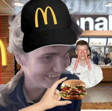 a woman wearing a black mcdonald 's hat holds a hamburger