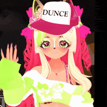 a cartoon girl wearing a pink dunce hat