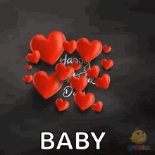 a happy valentine 's day card with red hearts on a black background
