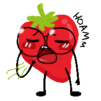 a cartoon drawing of a strawberry with a green stem and the word hoamm below it