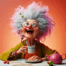 an elderly woman with glasses is drinking a cup of tea .