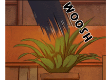 a plant in a pot is being knocked over and the word woosh is visible