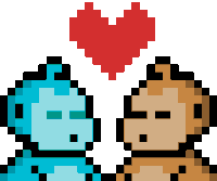 a pixel art illustration of two dogs kissing under a heart .