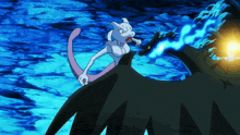 a cartoon of a purple and white pokemon fighting a black pokemon