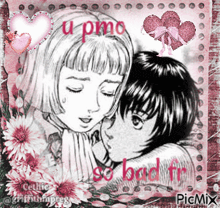 a black and white drawing of a boy and a girl with the words " u pmo so bad "