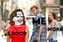 a man and a woman are walking down a street with a cartoon of a woman that says $ dood on it