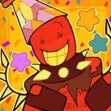 a cartoon drawing of a robot wearing a party hat and a scarf that says i 'm sophie