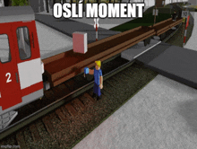 a man standing on a train track with the words " osi moment " above him