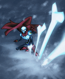 a cartoon drawing of a skeleton with a red cape and blue swords