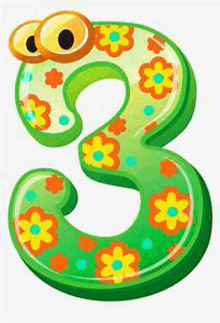 a green number three with flowers and googly eyes on it .