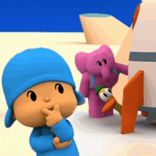 a cartoon character with a blue hat is standing next to a pink elephant