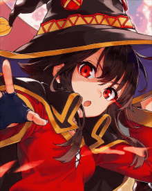 a girl with red eyes is wearing a witch hat and gloves