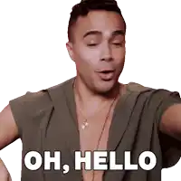 a shirtless man with a necklace says oh hello