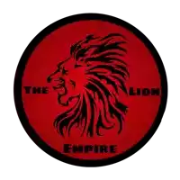 a red circle with a black lion and the words the lion empire below it