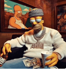 homer simpson is sitting on a couch holding a cup of coffee and a bottle of corona