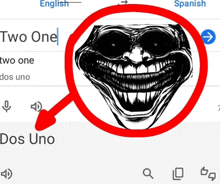 a drawing of a troll face is surrounded by a red circle with the word two one in the middle