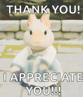 a stuffed rabbit is standing in front of a stone wall and says thank you ! i appreciate you !